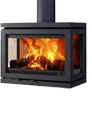 poêle à bois fonte flamme vidar triple medium wall, suspendue